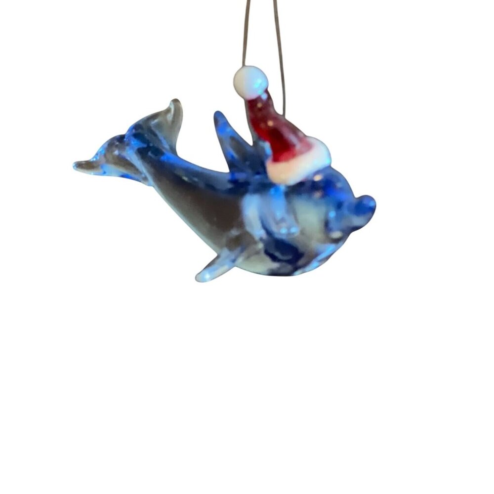 Glass blue Dolphin Christmas Ornament With Santa Hat By Gallerie II‎